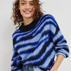 Anthropologie Salma Striped Whisper Soft Eyelash Sweater Blue Motif, Size 1X